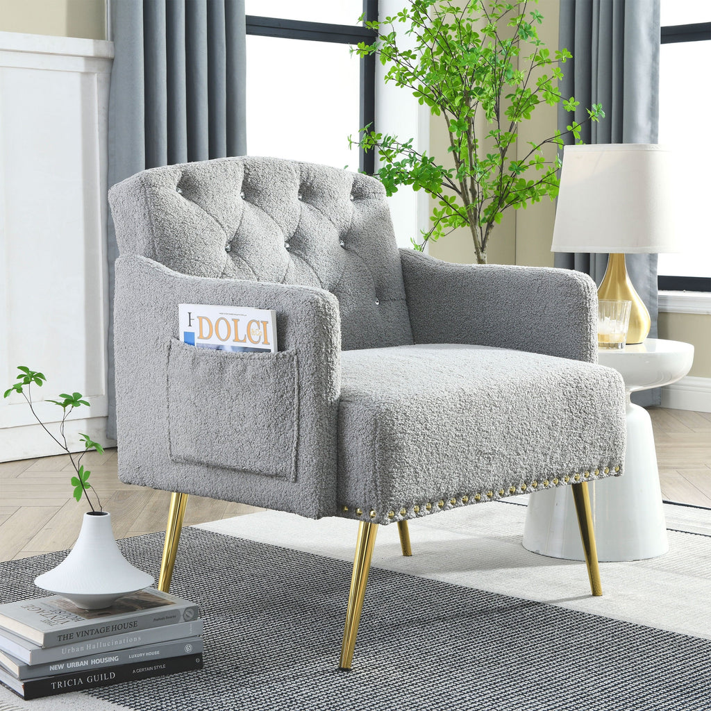 30 " Modern Chesterfield Tufted Upholstered Chair with Deep Buttons, Living Room Chair, Comfortable Armchair, Gold Hardware Legs, Tufted Chair for Reading or Relaxing,