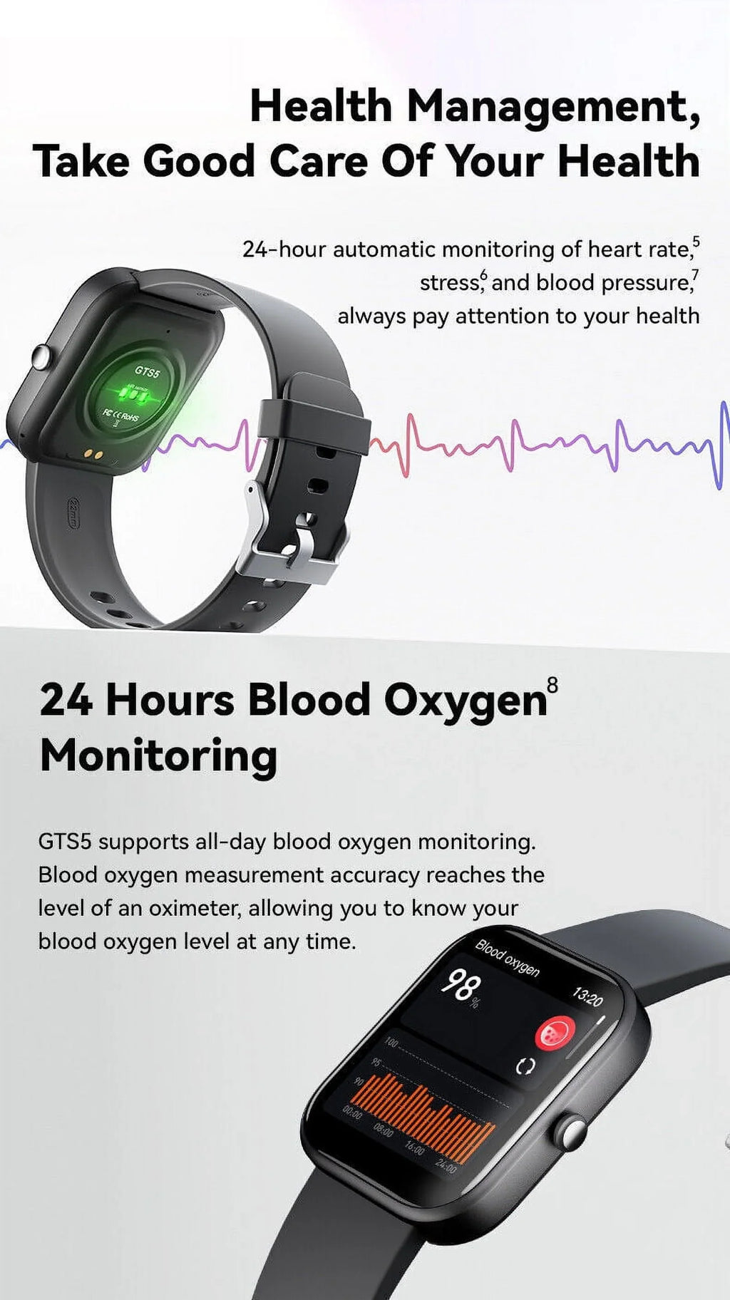 Smart Watch Blood Pressure Fitness Tracker Women Men for Android and iOS Black