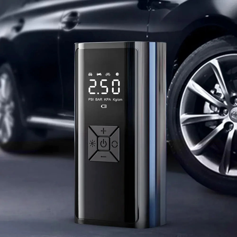 PowerCleany™ Electric Air Pump for Inflatables, Portable Air Compressor for Car Tires, Bicycles, Balls, Air Mattresses and Inflatable Boats, Emergency  Light, Cordless Tire Inflator and Power Bank