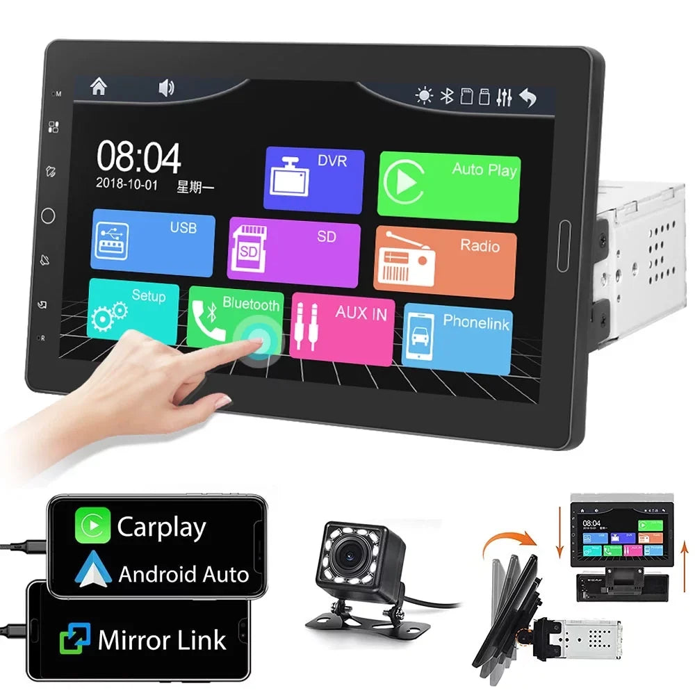Podofo Single 1 Din 10.1'' Car Stereo Radio Apple Carplay Android Auto  Touch Screen 10 inch Car  Player Bluetooth Mirror Link   Card ,with Rearview Camera