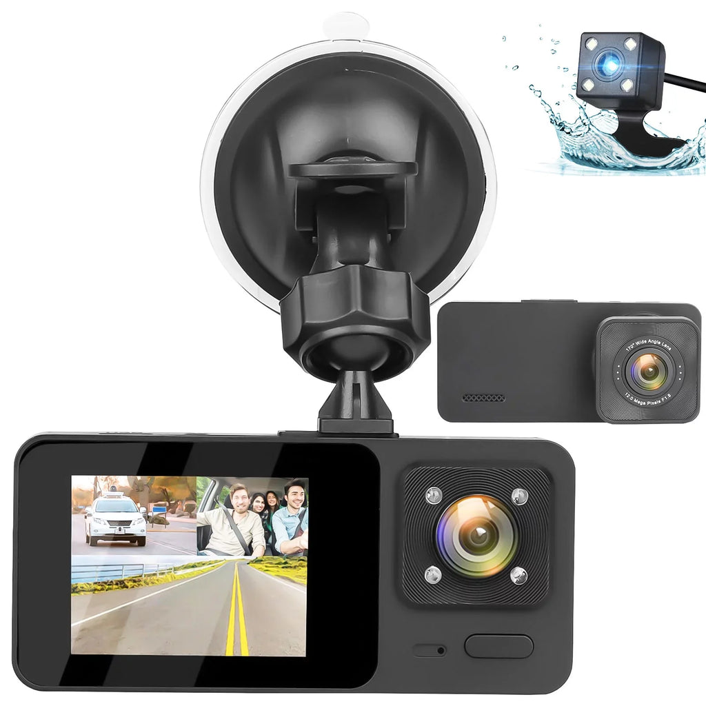3 Channel Dash Cam,  1080P  Dash Backup Camera with Night Vision, -Sensor, Parking Monitor, Loop Recording - Black