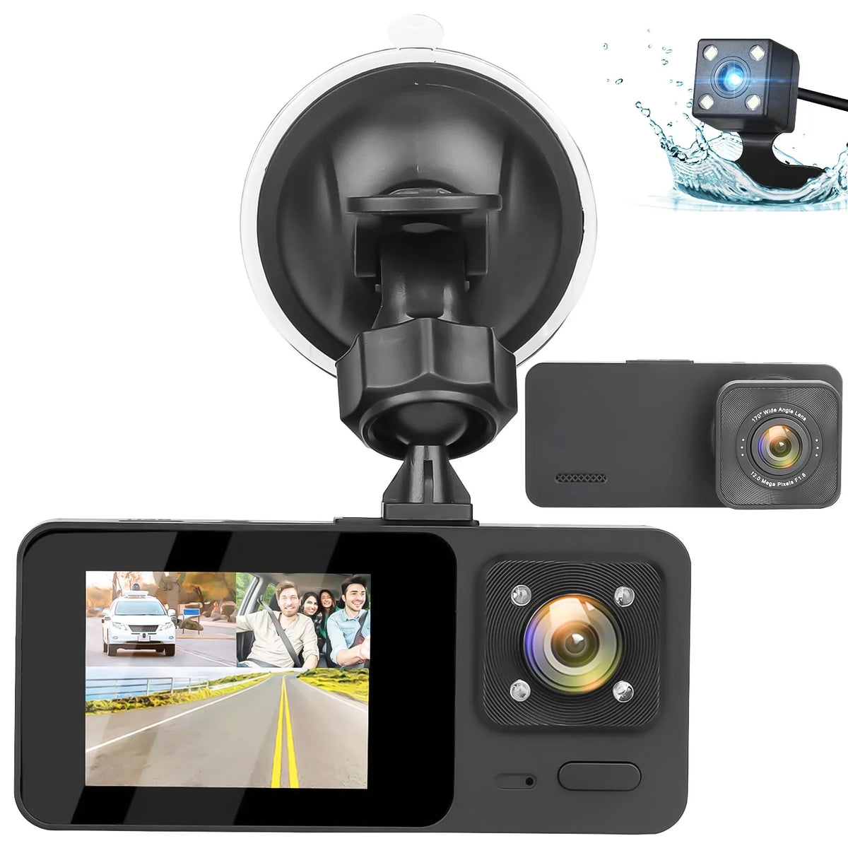 3 Channel Dash Cam,  1080P  Dash Backup Camera with Night Vision, -Sensor, Parking Monitor, Loop Recording - Black