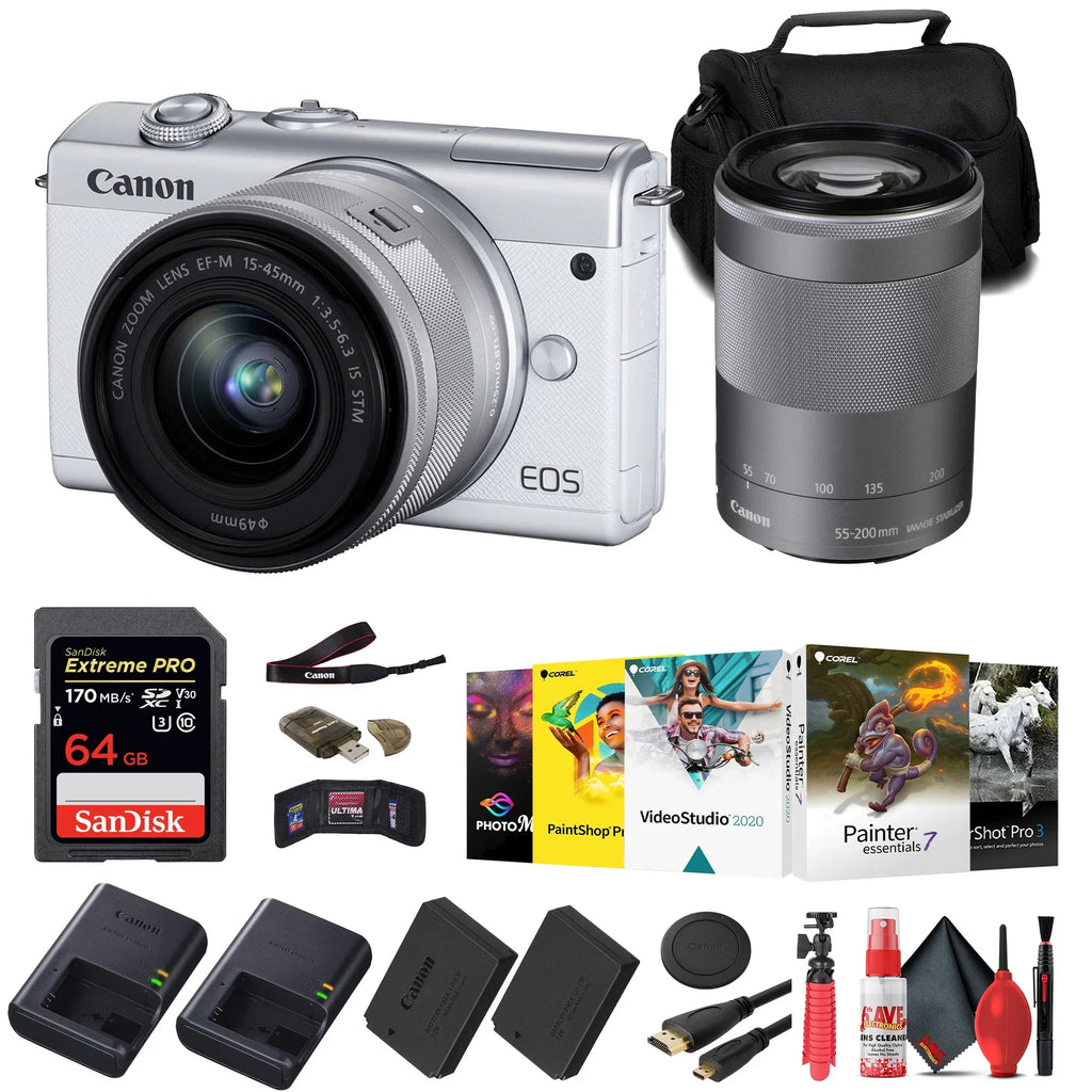 Canon   Mirrorless Camera with 15-45mm and 55-200mm Lenses (White) (3700C009) + 64GB Card + Charger +  Battery + Card Reader + Corel Photo Software +  Cable + Case + More