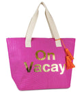 Women's Paper Straw Insulated on Vacay Beach Tote Bag with Metallic Letters and Flat Handel