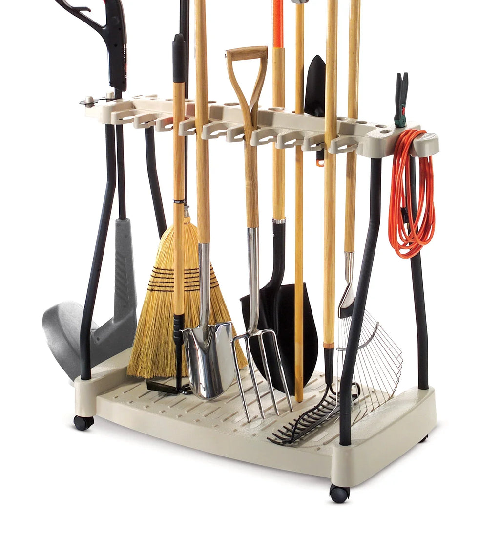 Suncast Lawn and Garden Steel Tool Storage Rack with Wheels for 30 Tools, Light Taupe