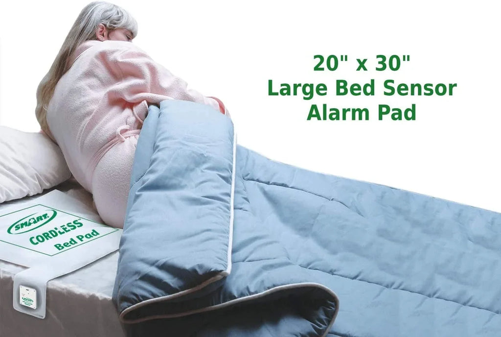 Smart Caregiver Wireless Bed Alarm System - Cordless Bed Alarm Pad (20” x 30”) with Remote Alert Monitor, 20 Individual Cleaning Wipes and Liberty 7 Day Pill Box