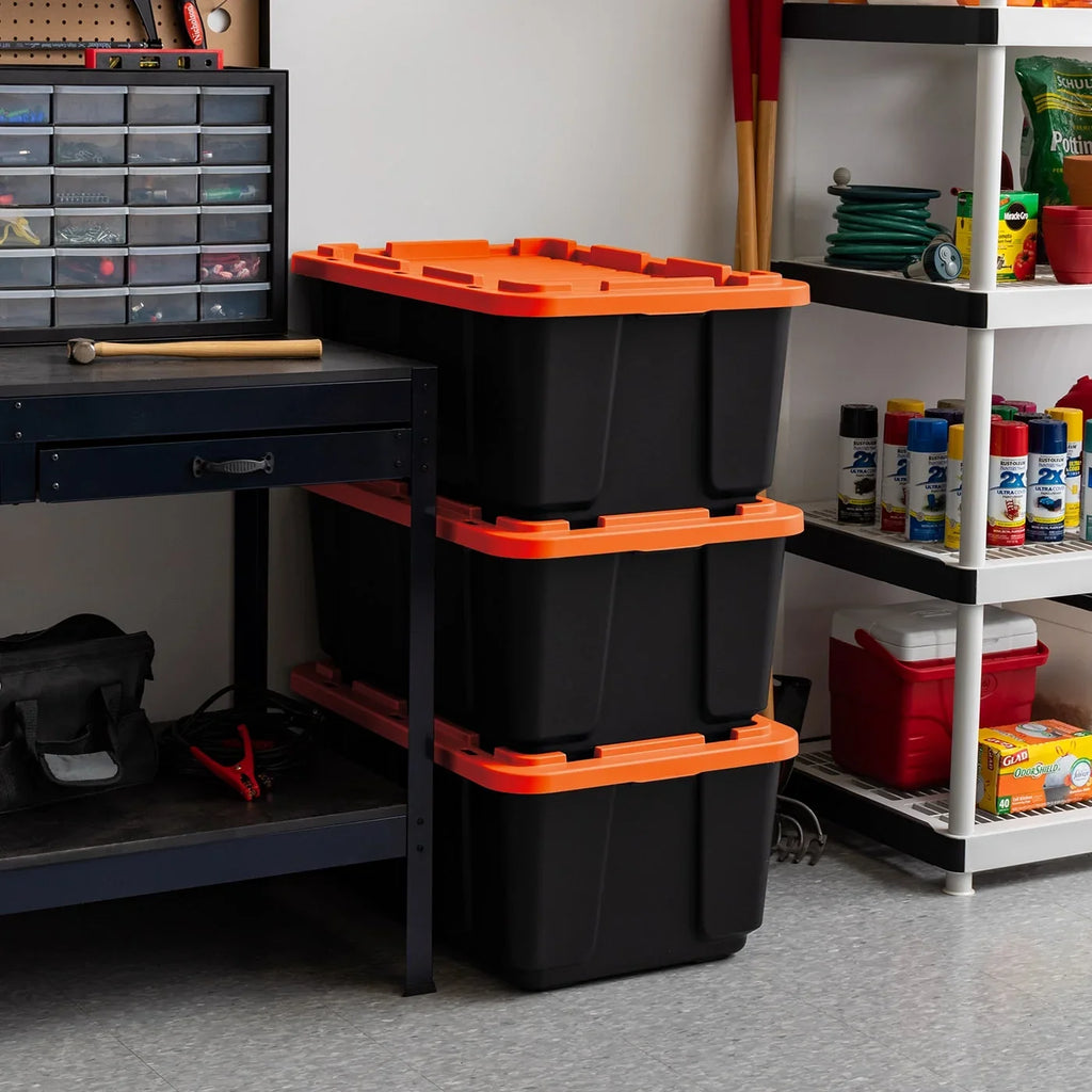 3 Pack 108qt/27gal Heavy Duty Utility Tough Tote, Black with Orange Lid