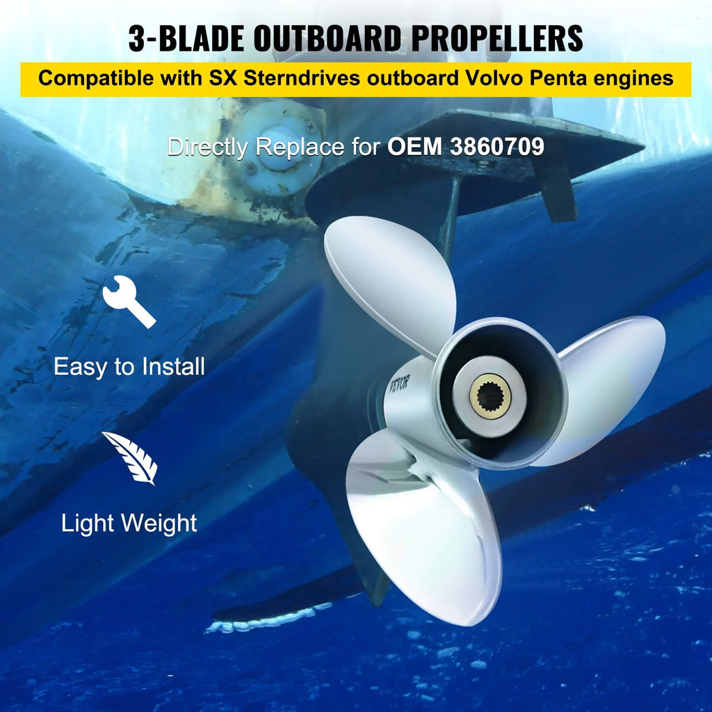 Outboard Propeller, 3-Blade 14.5" x 21" Boat Propeller, Replace for  3860709, Compatible with  Sterndrives Outboard Volvo Penta Engine, Right-handed Steel Propeller Steel & 19 Spline Teeth