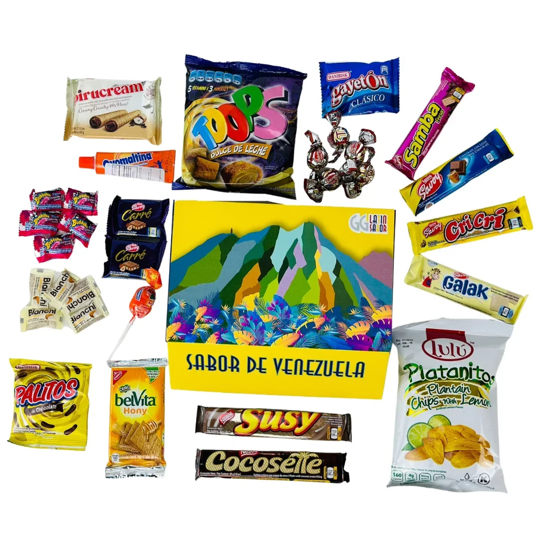 Venezuela Food Sweet Snacks Gift Crate Box Assorted Cookies, Chips & Candies Mix Variety Pack Cocosette Susy Toronto Chocolate