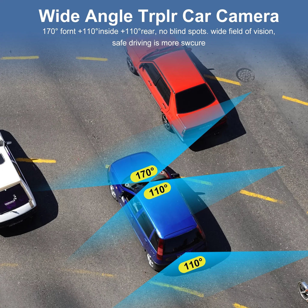 3 Channel Dash Cam,  1080P  Dash Backup Camera with Night Vision, -Sensor, Parking Monitor, Loop Recording - Black
