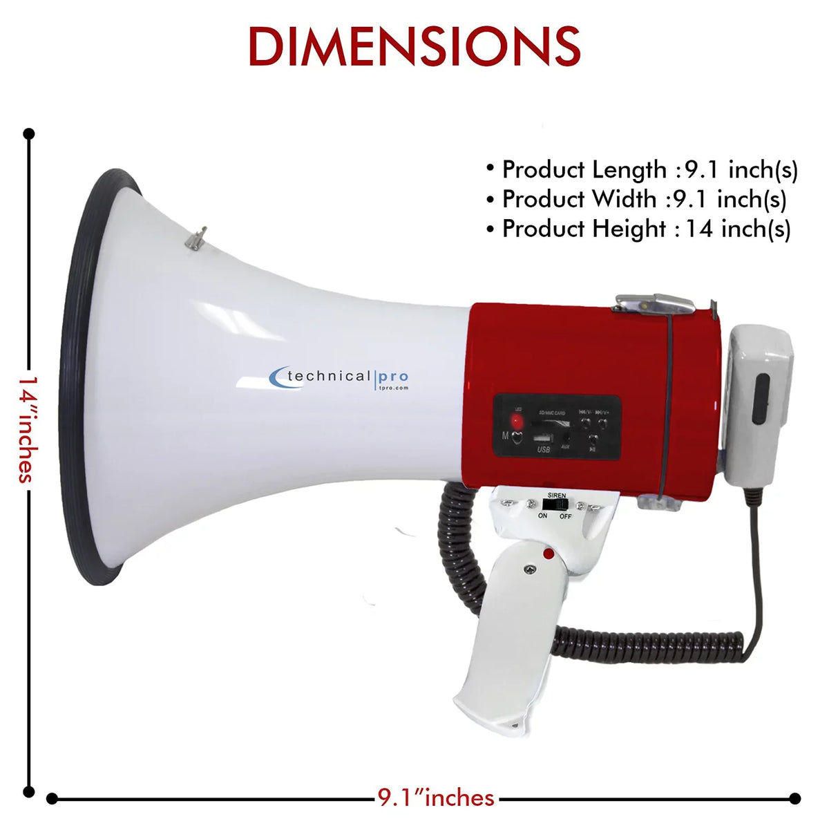Technical Pro Red Megaphone 75-Watt Siren Bullhorn - Bullhorn Speaker w/Detachable Microphone, Portable Lightweight Strap Detachable  - Professional Outdoor Voice for Police And Cheer leading