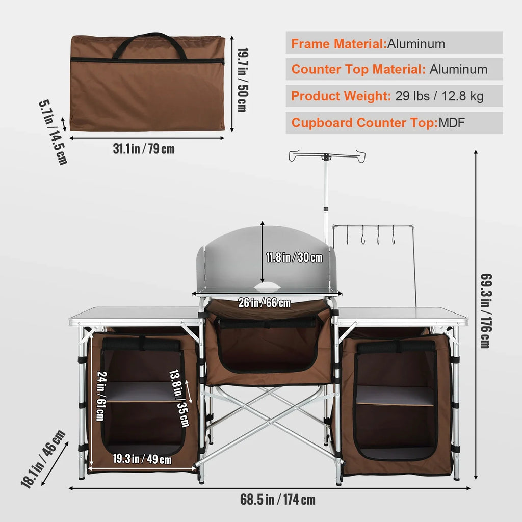 Folding Portable Cook Table 3 Cupboards Brown Camping Kitchen Table