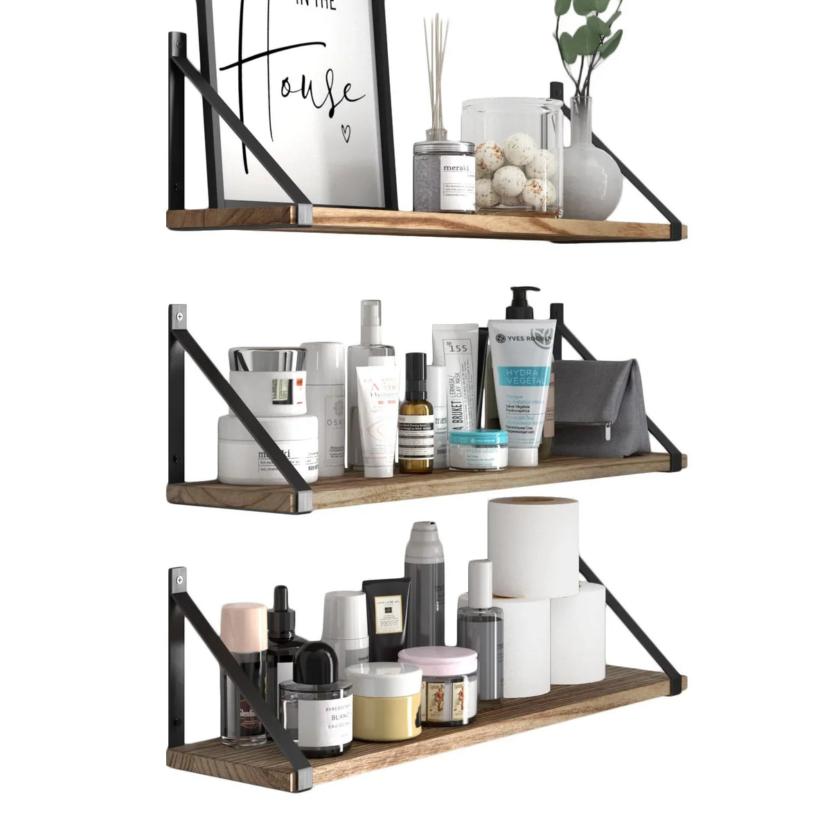 Wallniture Bora 24" Float Shelf Bathroom Wall Shelves Over the Toilets Storage Laundry Organizer, Natural Burned, Set of 3