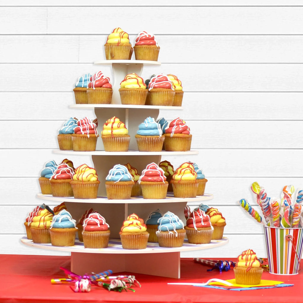 The Smart Baker - Adjustable, Reusable 5 Tier Round Cupcake & Dessert Tower Display Stand, White - Holds up to 90+ Cupcakes | Weddings, Parties, Holidays, Baby Showers and More!