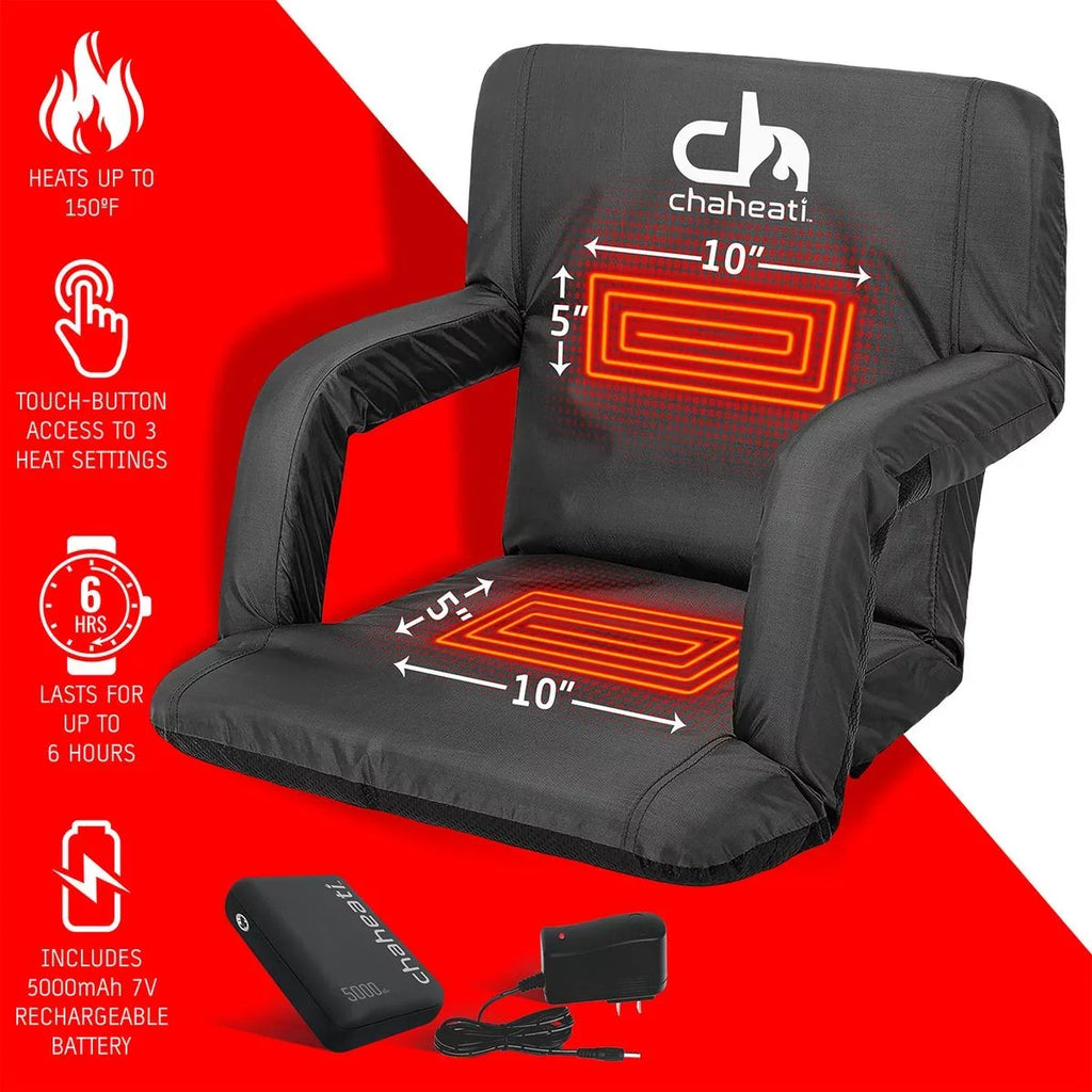 Chaheati 7  Heated Folding Bleacher Seat in Black – Battery Heated Chair For Camping, Sports, And Outdoor Activities