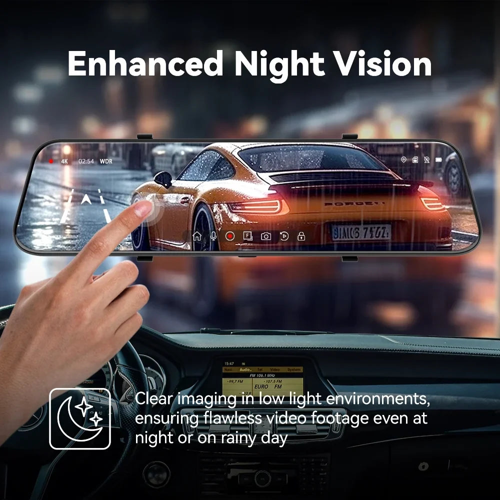 12" 4K Mirror Dash Cam with Backup Camera, 2160P Full  Rearview Mirror Camera, Dual Dash Cam Front and Rear Cameras for Cars, Voice Control, Parking Monitoring, Free 32GB Card &
