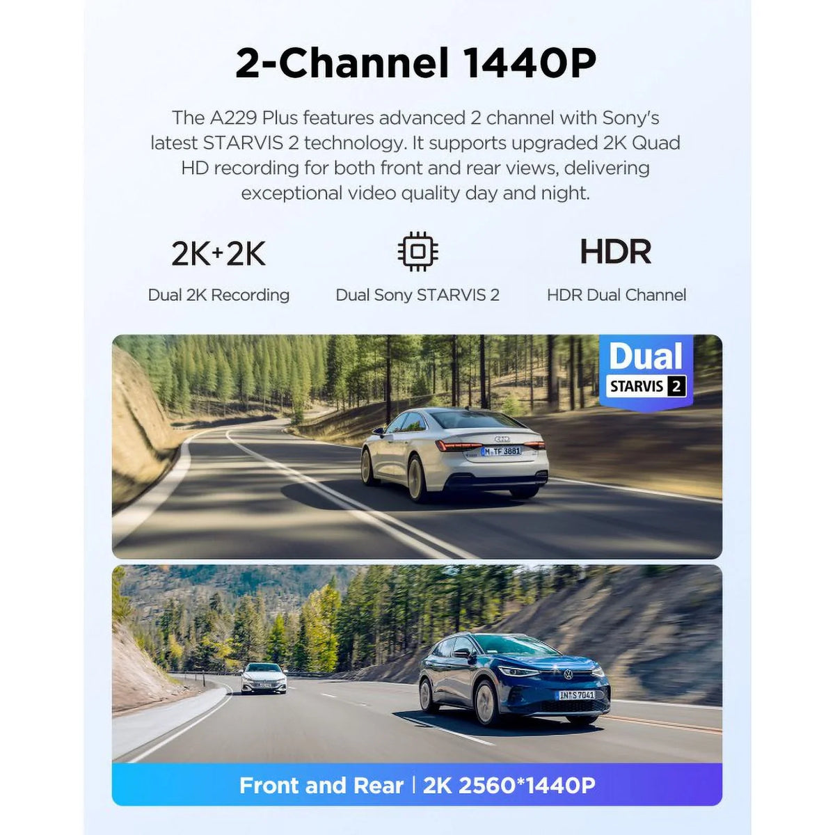 Plus 2K/2K  2-Channel Dash Cam with  2, Voice Control, Wi-Fi, , Parking Mode, Support 512GB Max