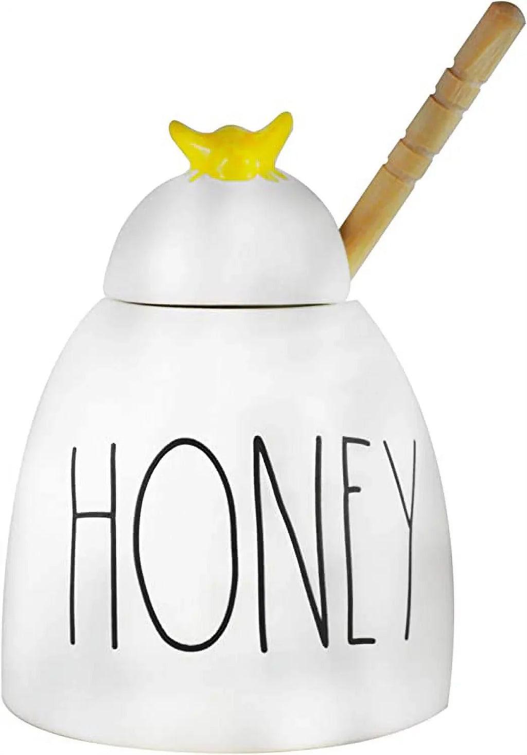 Rae Dunn Ceramic  Pot Ivory with Black  Letters Yellow Bee on Lid and Wooden Dipper Kitchen