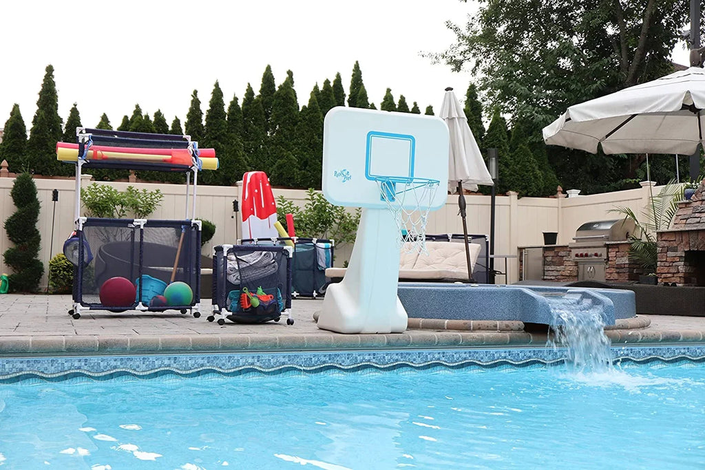 Essentially Yours Pool Noodles Holder, Toys, Floats, Balls and Floats Equipment Mesh Rolling Storage Organizer Bin, Kids Height, Large, (43"  x 25"  x 28" ), Blue Style 563009