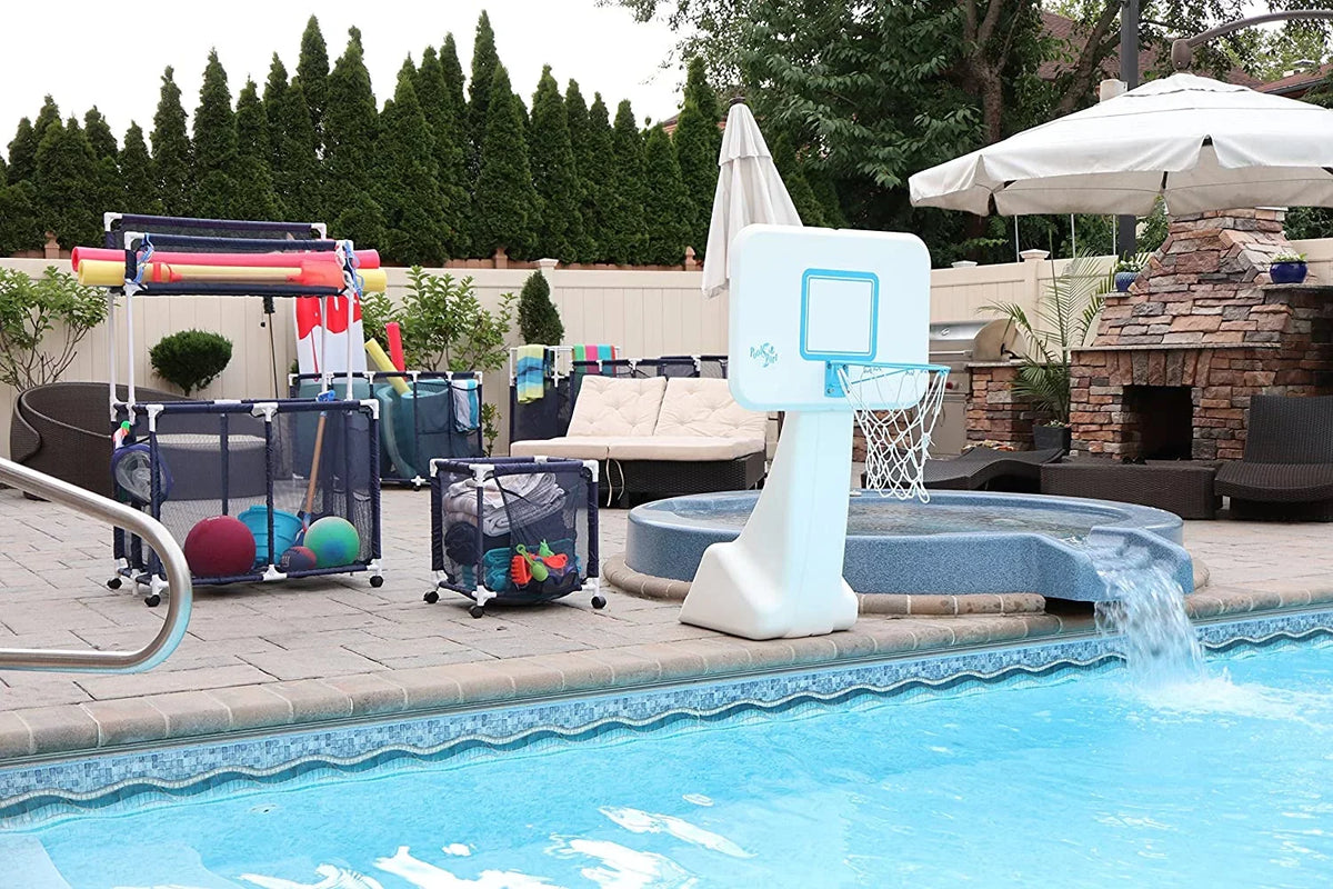 Essentially Yours Pool Noodles Holder, Toys, Floats, Balls and Floats Equipment Mesh Rolling Storage Organizer Bin, Kids Height, Large, (43"  x 25"  x 28" ), Blue Style 563009