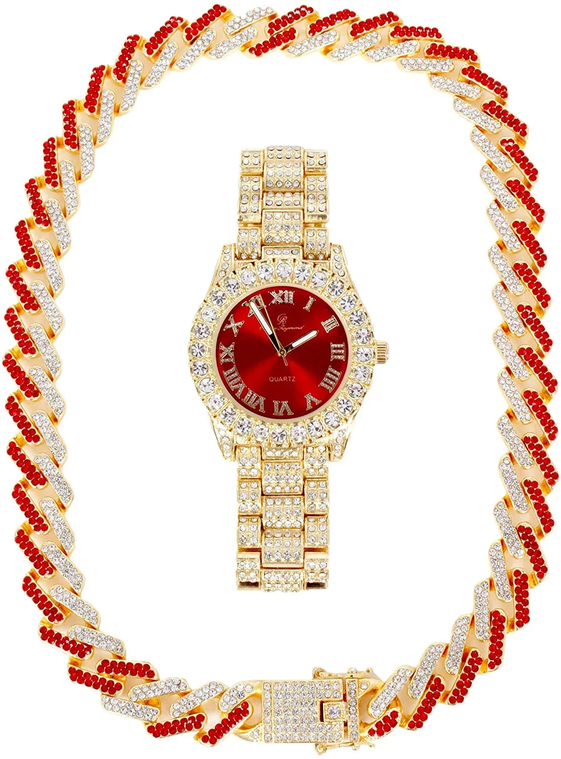 Charles Raymond Ice on Blast! Blinged Out Hip Hop Rolly Looks with Iced Out Wristwatch Trim and Band with Matching Zig Zag Bling'ed Out Necklace Sets -  Necklace Sets - Gold - Red