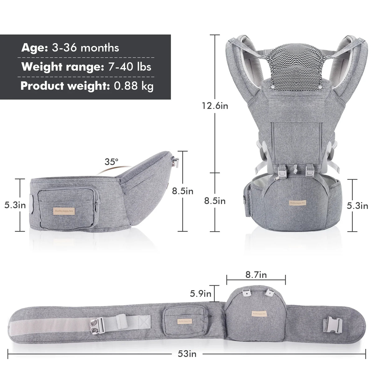 Baby Carrier Newborn to Toddler 9-in-1 Toddler Carrier with Hip Seat Lumbar Support All Seasons & Positions Perfect for Hiking Shopping Travelling 3-36 Months 7-40lbs Grey 1.95 Pound