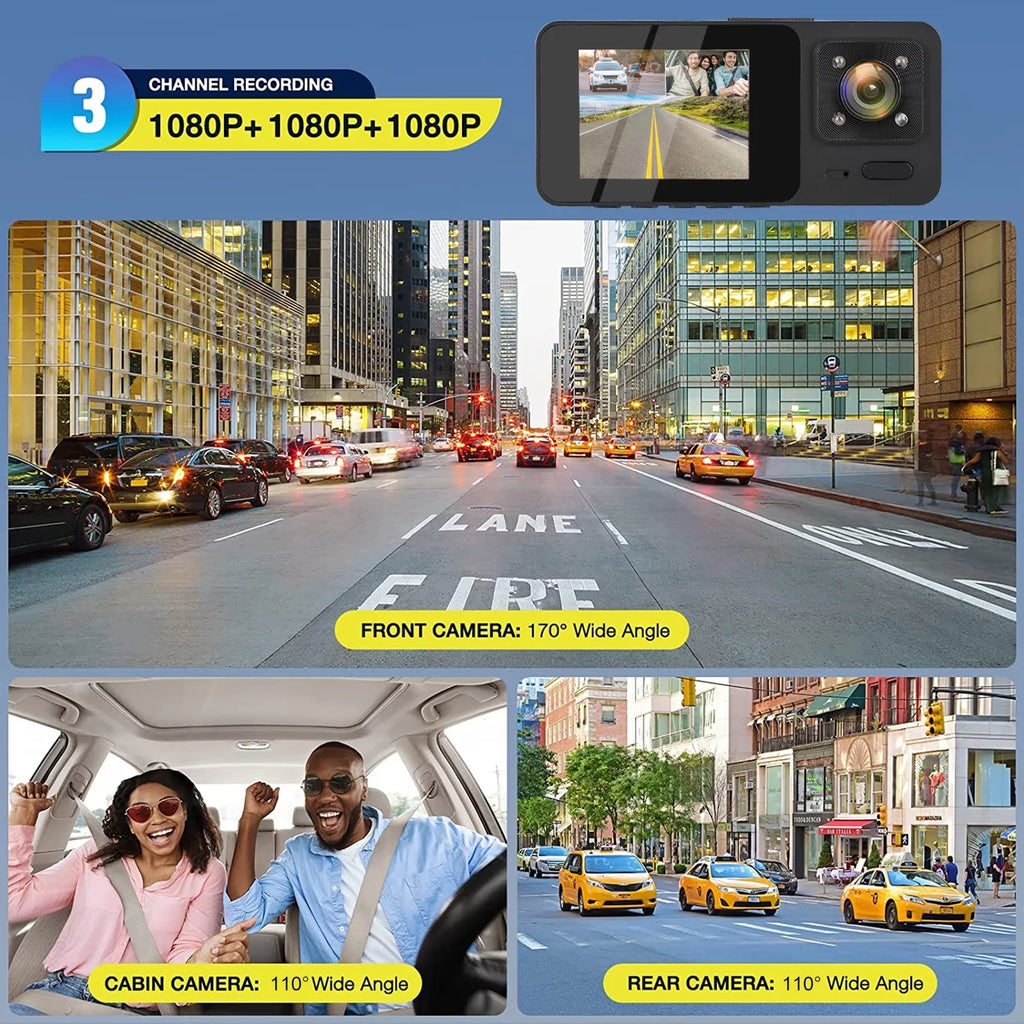 3 Channel Dash Cam,  1080P  Dash Backup Camera with Night Vision, -Sensor, Parking Monitor, Loop Recording - Black