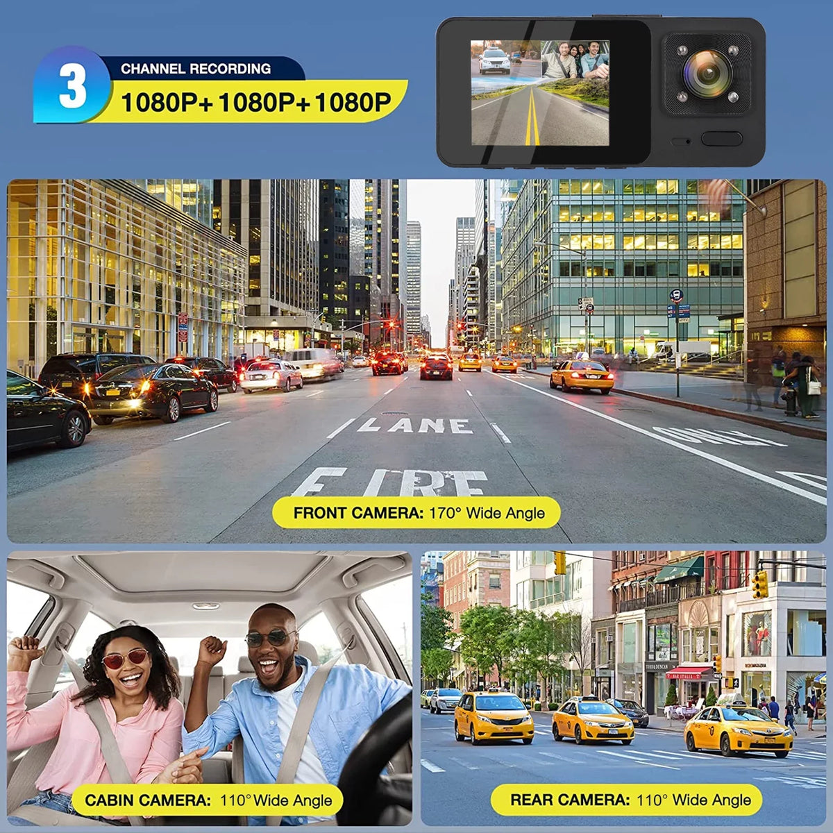 3 Channel Dash Cam,  1080P  Dash Backup Camera with Night Vision, -Sensor, Parking Monitor, Loop Recording - Black