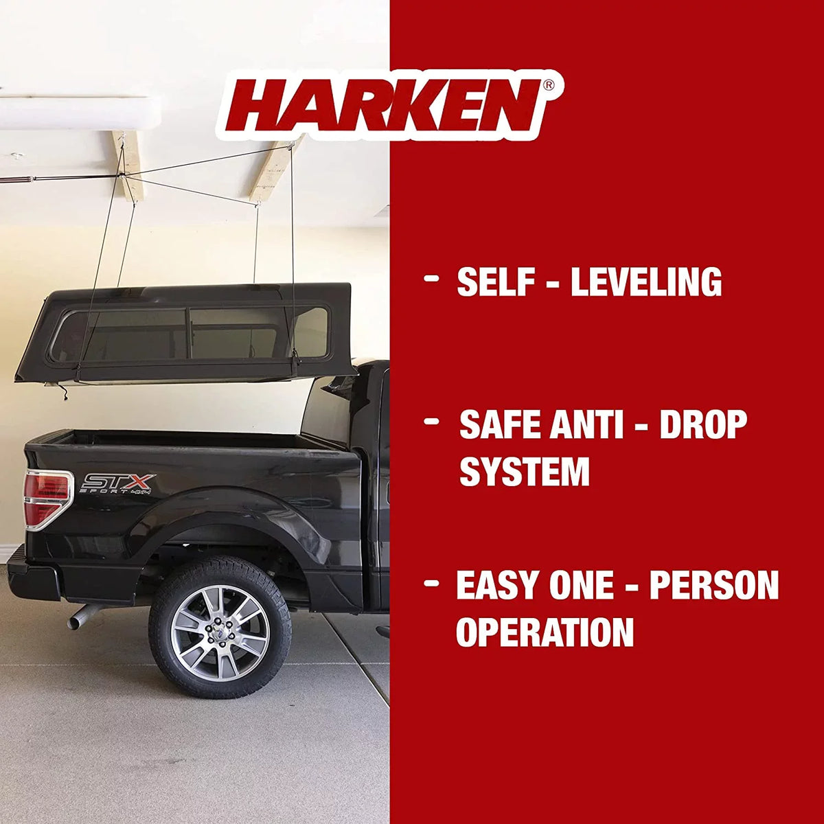 '- Truck Cap Overhead Garage Storage Hoist, Self-Leveling, Safe Anti-Drop System, Easy One-Person Operation, Smart Garage Organization
