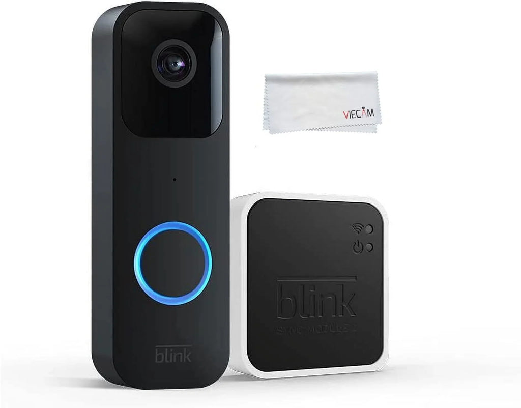 Blink Video Doorbell + Sync Module 2 + Cleaning Cloth | Two-year battery life, Two-way audio,  video, motion and chime app alerts and Alexa enabled — wired or wire-free (Black)