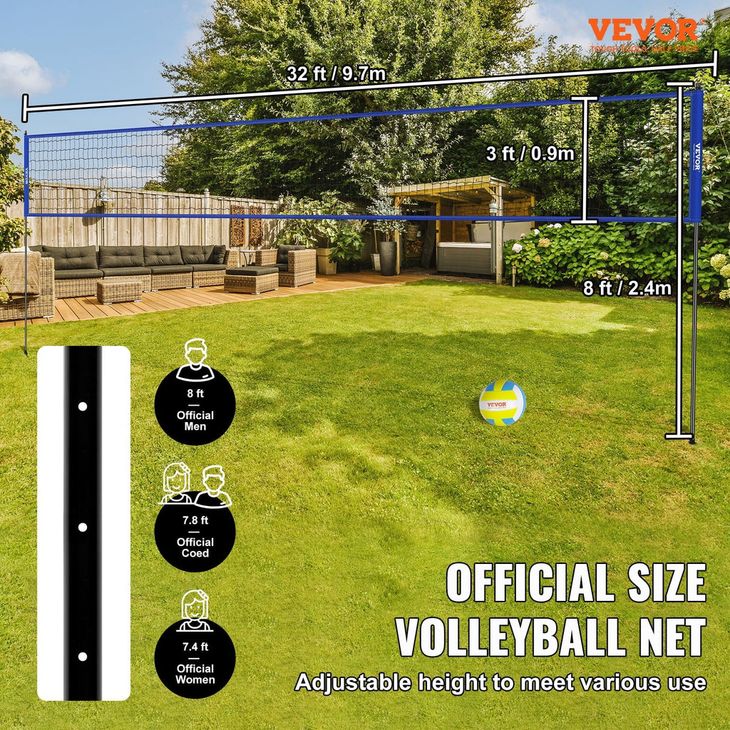 32ft x 3ft Portable Volleyball Net System Adjustable Height Poles with  Volleyball, Carrying Bag, Boundary Lines, Steel Poles & Pump for Outdoor Sports