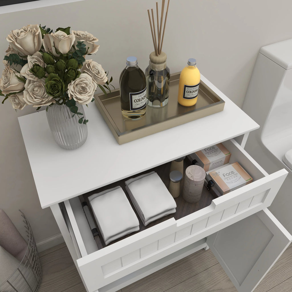 Versatile Bathroom Floor Cabinet in White Freestanding Wood Storage Organizer 2 Doors, 1 Drawer Adjustable Shelf Elegant Design for Bathroom and Living Room.