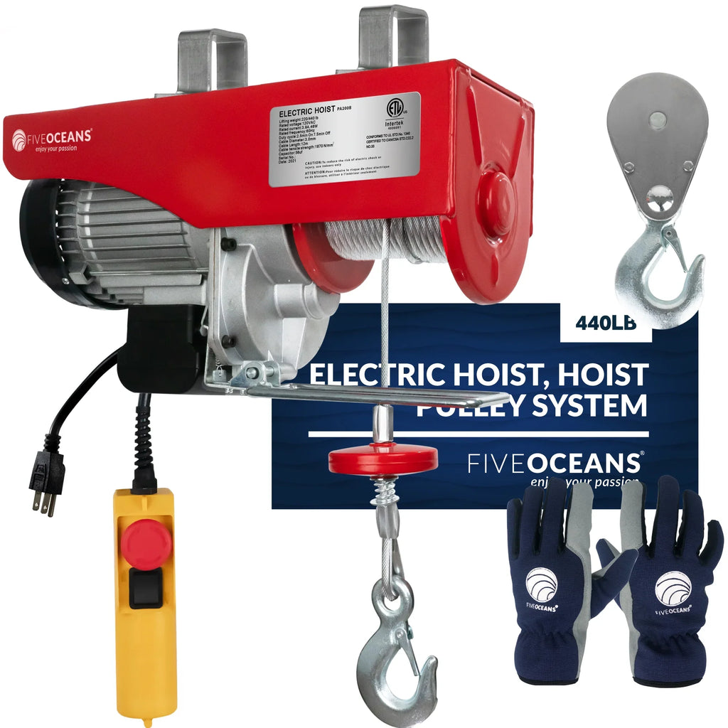 Five Oceans Electric Hoist, Hoist Pulley System, Pulley Hoist, 440 Lb Electric Winch 20FT Remote Control 120 , Includes Working Gloves for Garage, Factory Lifting Emergency Stop Button - -