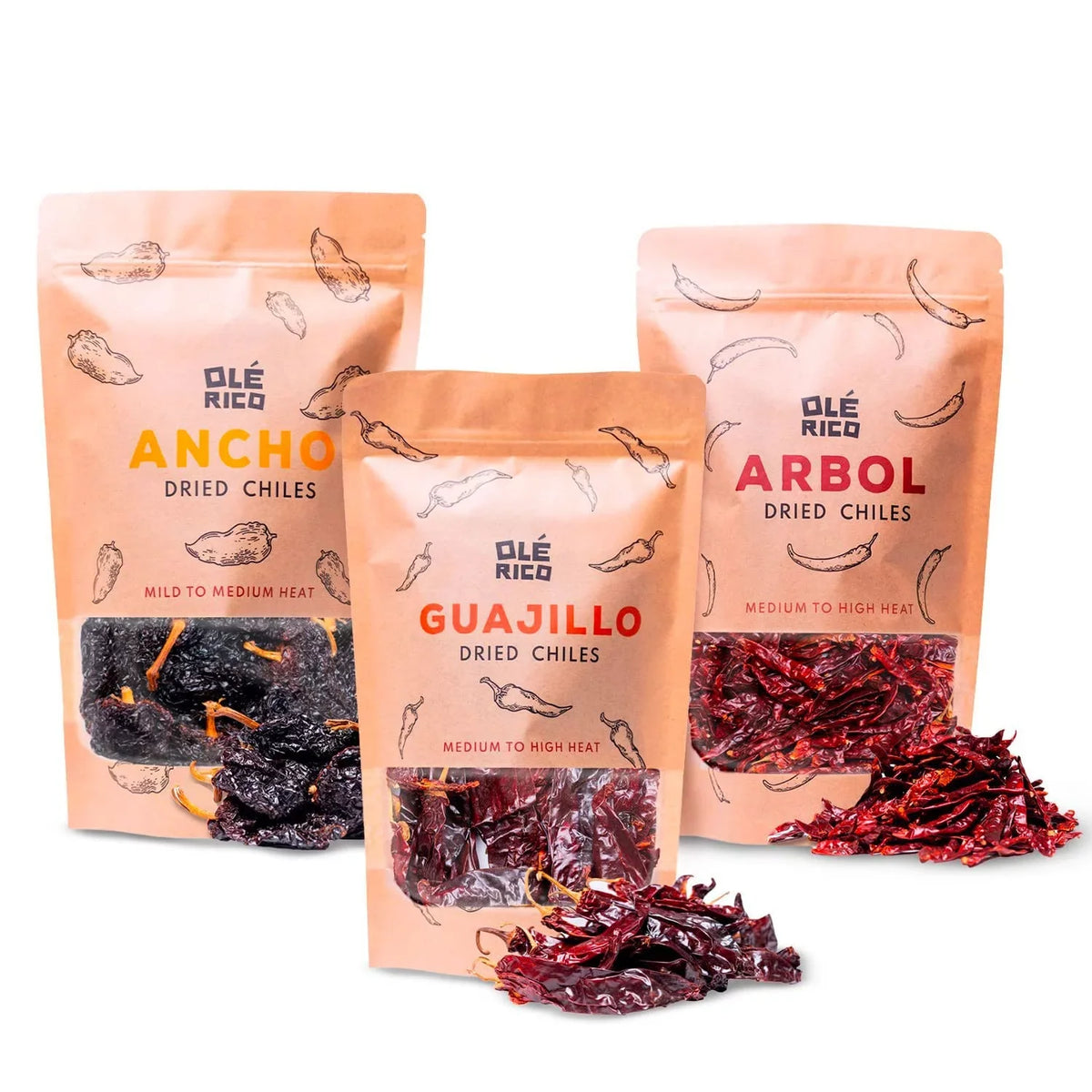 OLÉ  - Dried Chile Peppers 3 Pack Bundle (12 oz Total) - Ancho Chiles, Guajillo Chiles and Arbol Chiles - The Spicy Trio - Great For Mexican Recipes - Packaged In Resealable Bags