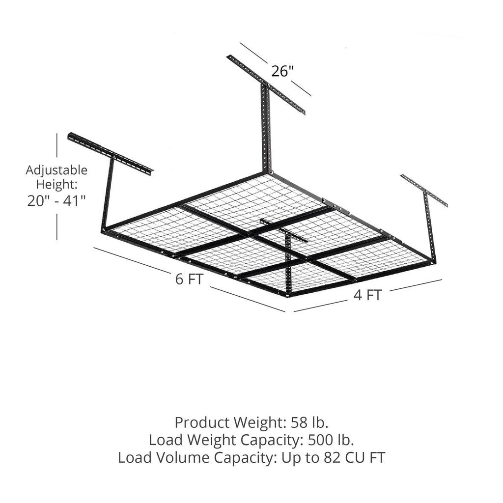 Titan Attachments 4' x 6' Overhead Garage Storage Rack, 20" to 41" Adjustable Height, Ceiling Mount Organization System, Metal Wire Grid with 500  Loading Capacity, Storage for Bikes Equipment Bins