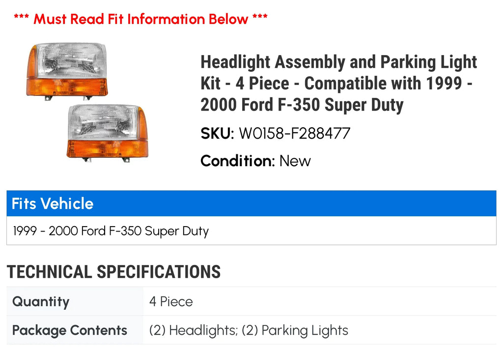 Headlight and Cornering Parking Light Kit - 4 Piece - Compatible with 1999 - 2000 Ford -350 Super Duty