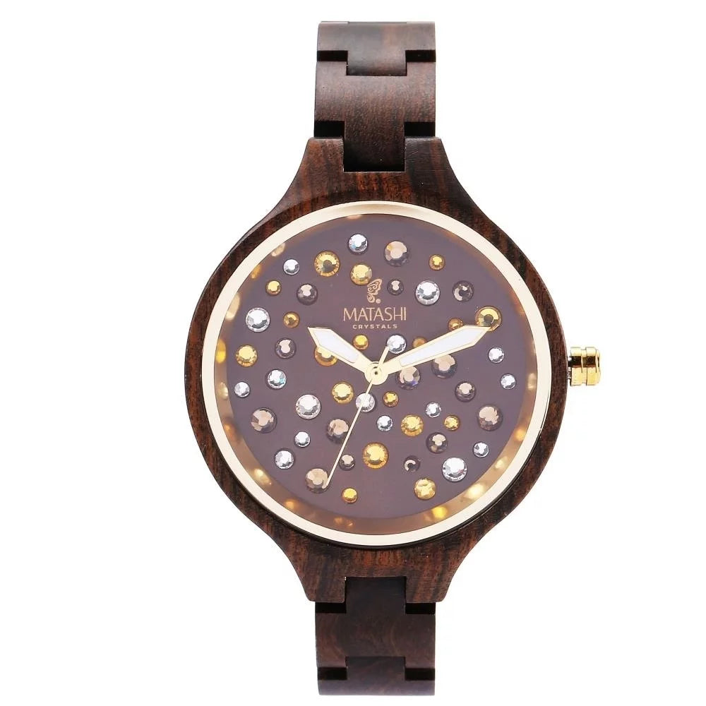 Womens Brown Salwood Watch with Crystals, Gold Bezel, Business Casual, Swiss Ronda Movement, 1ATM Water Resistant