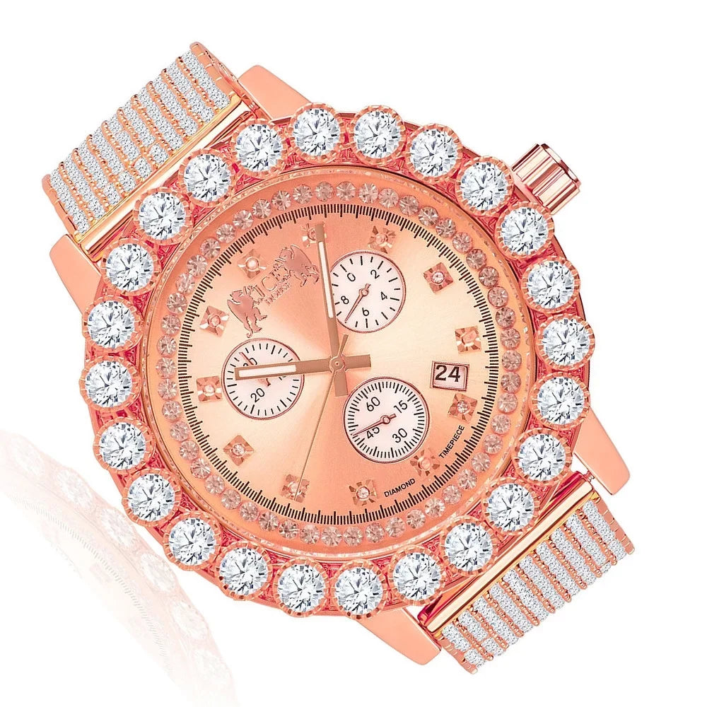 Exclusive Custom Time Piece Celebrity Inspired Lab Diamonds Rose Gold Tone Iced Out Khronos Jo Rodeo Watch /Date Function