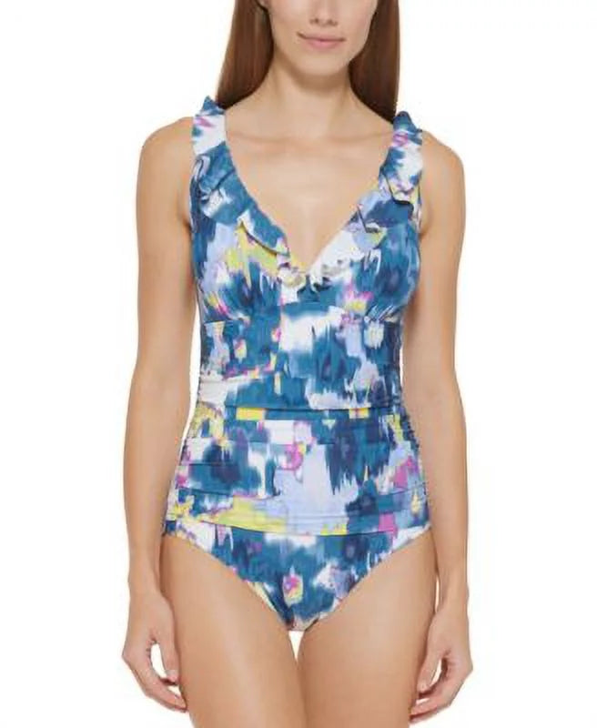 $98 Dkny Ruffle Plunge Tummy-Control One-Piece Swimsuit Size 18
