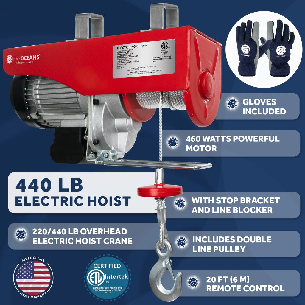 Five Oceans Electric Hoist, Hoist Pulley System, Pulley Hoist, 440 Lb Electric Winch 20FT Remote Control 120 , Includes Working Gloves for Garage, Factory Lifting Emergency Stop Button - -