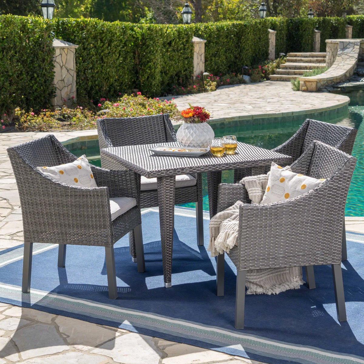 Arcadia Outdoor 5 Piece Wicker Square Dining Set with Cushions, Grey, Silver