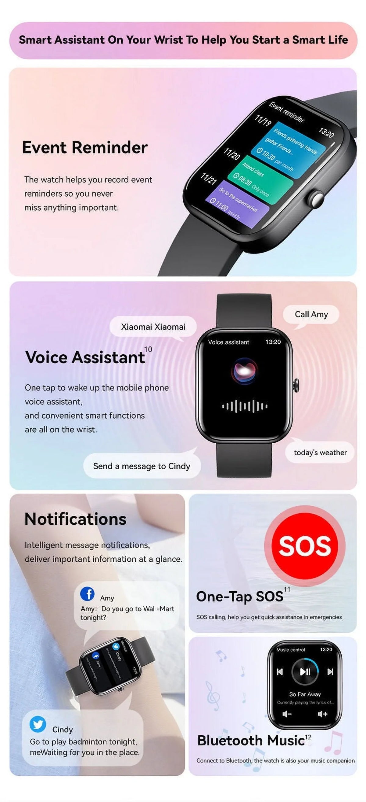 Smart Watch Blood Pressure Fitness Tracker Women Men for Android and iOS Black