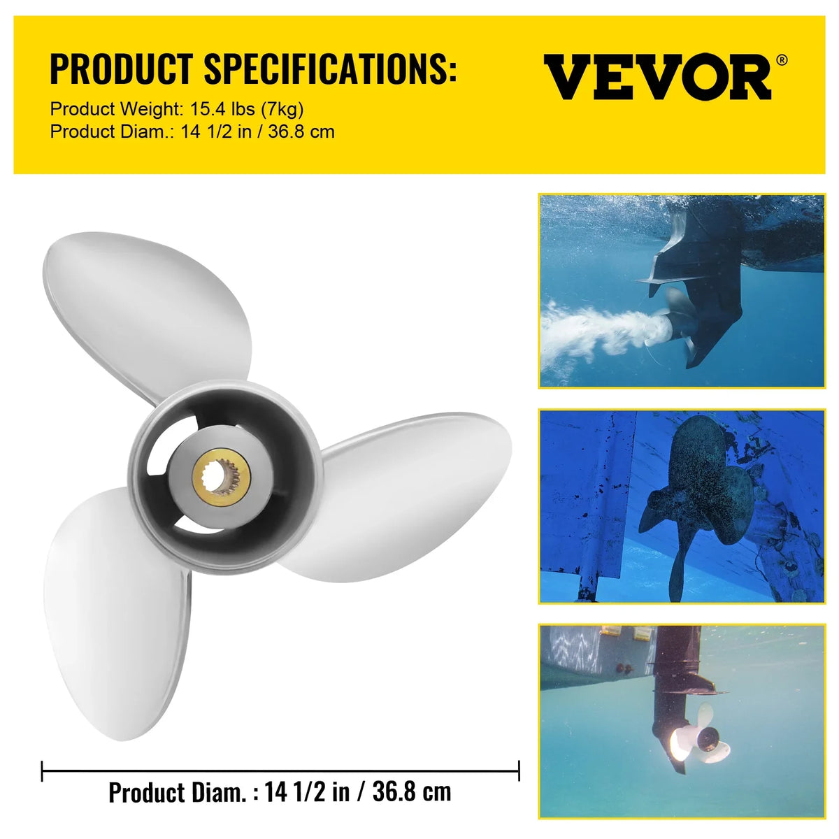 Outboard Propeller, 3-Blade 14.5" x 21" Boat Propeller, Replace for  3860709, Compatible with  Sterndrives Outboard Volvo Penta Engine, Right-handed Steel Propeller Steel & 19 Spline Teeth