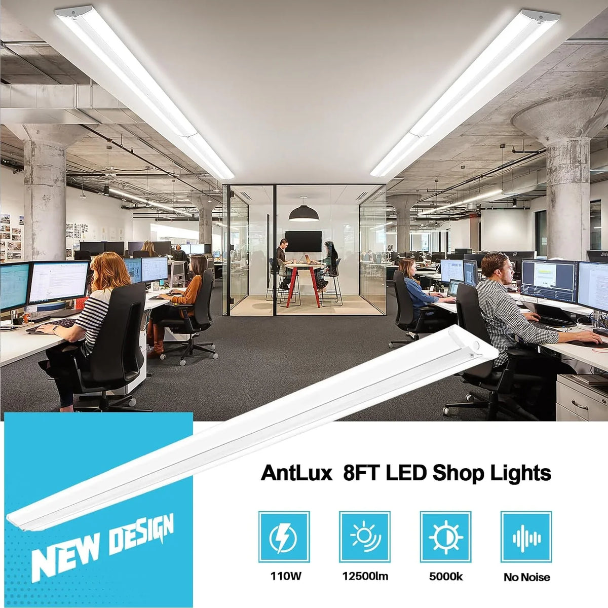 8FT  Shop Light 110W [6-lamp  Fluorescent Equiv.], Compact 8 Foot Strip Lights, 12500LM, 5000K, Commercial Grade Flush Mount Ultra Slim  Wraparound for Garage Office Warehouse, 4 Pack