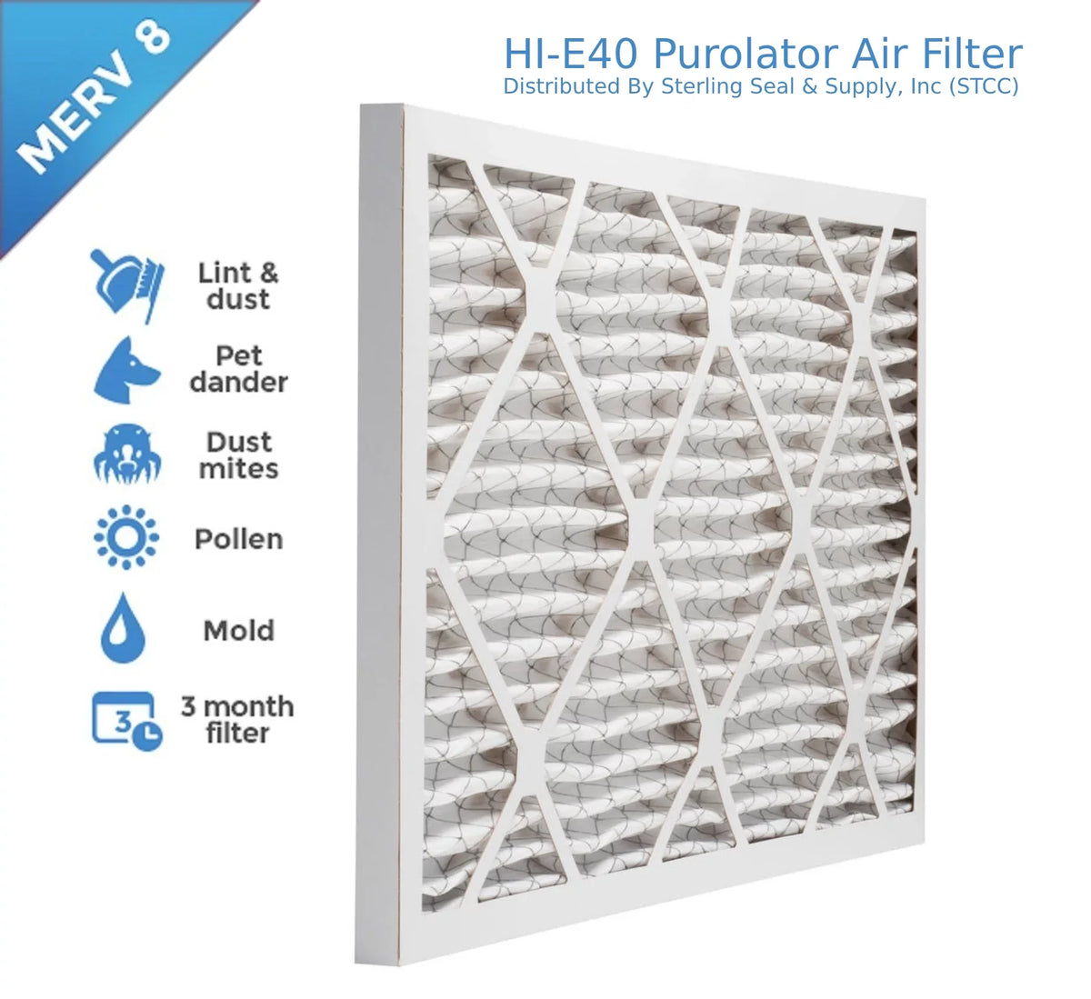 14x25x1, Purolator Hi- 40 Extended Surface Pleated Air Filter, Mechanical  8, (6 Pack)
