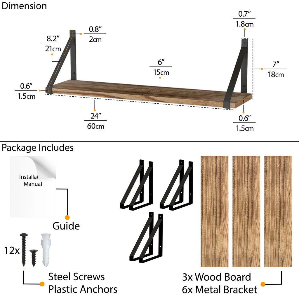 Wallniture Bora 24" Float Shelf Bathroom Wall Shelves Over the Toilets Storage Laundry Organizer, Natural Burned, Set of 3