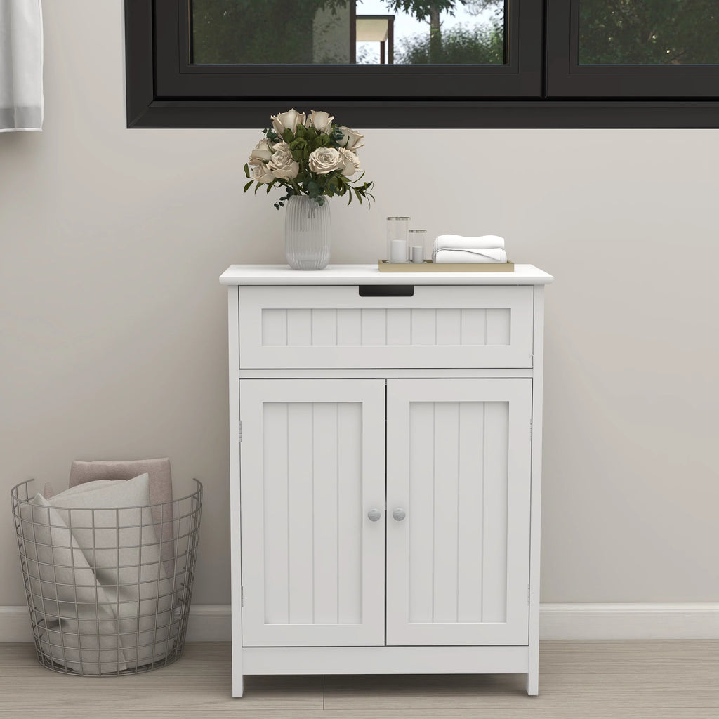 Versatile Bathroom Floor Cabinet in White Freestanding Wood Storage Organizer 2 Doors, 1 Drawer Adjustable Shelf Elegant Design for Bathroom and Living Room.
