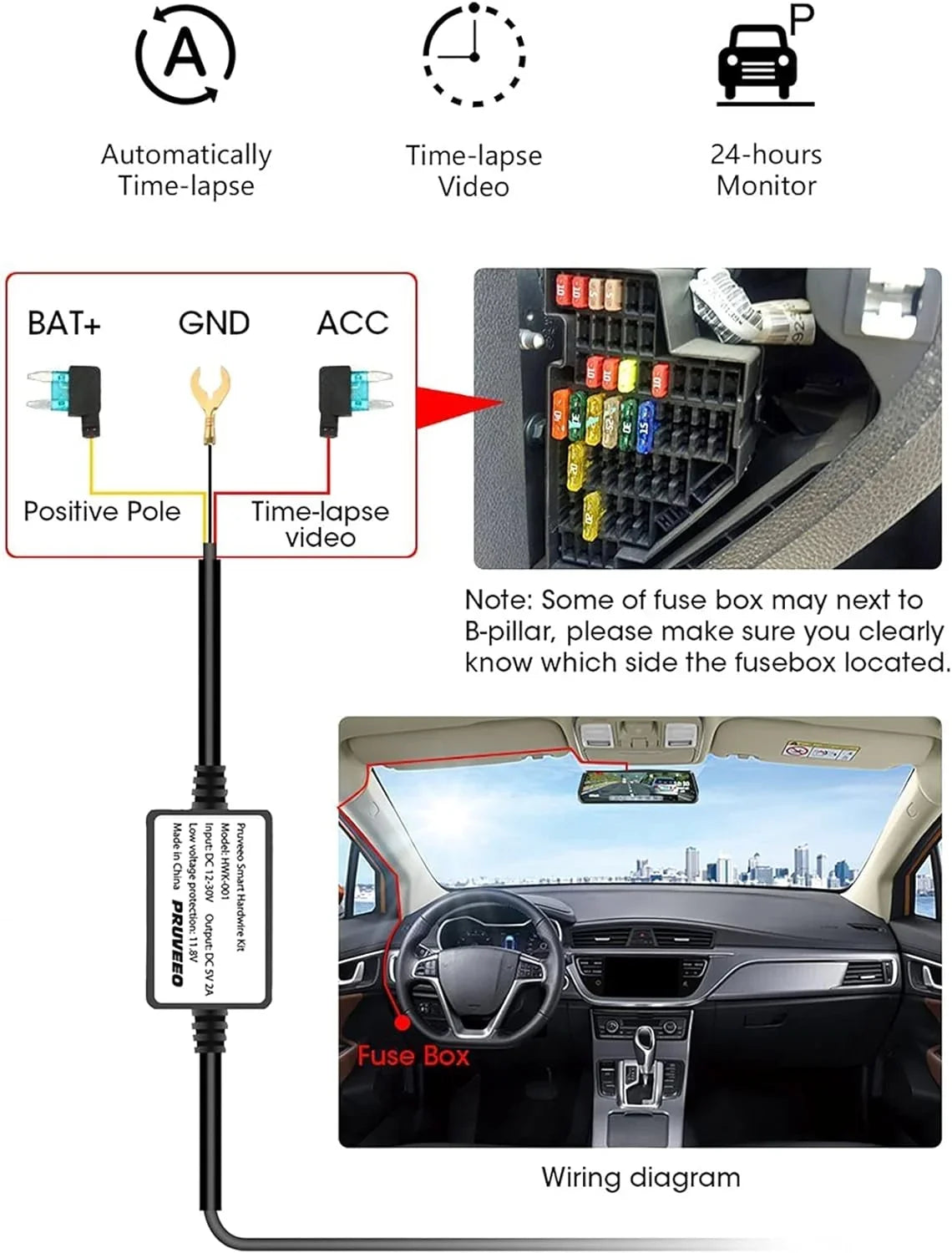Dash Cam Hardwire Kit, Type- Hard Wire Kit Fuse Only for -4CH / Mirror Dashcam, 12V-30V to 5V/2A Type-
